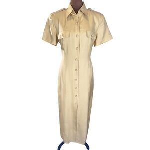 August Silk Shirt Dress Women's 10 Beige 100% Silk Safari Button Front Vintage